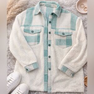 Cozy Plaid Button Down Shirt - Teal and Cream